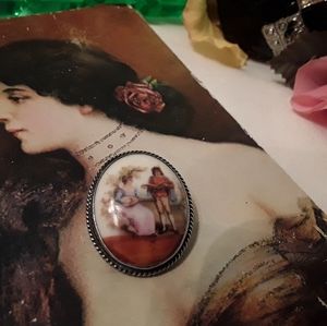 VTG 925 STERLING CAMEO PORCELAIN MINSTREL BROOCH